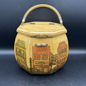 70's Wooden Box Purse w/ Bakelite Handle Octagon Decoupage Footed - Latch Broken